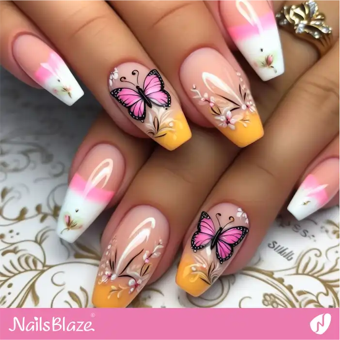 Peach Fuzz Manicure with Flower and Butterfly Nail Design | Color of the Year 2024 - NB1821